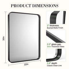 Large Rectangle Vanity Mirror, Matte Metal Frame, Modern Tempered Glass for Wall