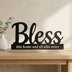 Metal Bless This Home Sign for Tabletop Decor,Black Bless Words Sign with Woo…