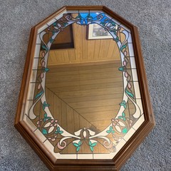 Vintage Octagonal Floral Etched Mirror Retro 1980s Stained Glass Wood Frame Pink