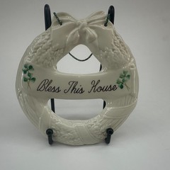 House Blessing Wreath Bless This House Wall Ornament Belleek Ireland Shamrock 6″