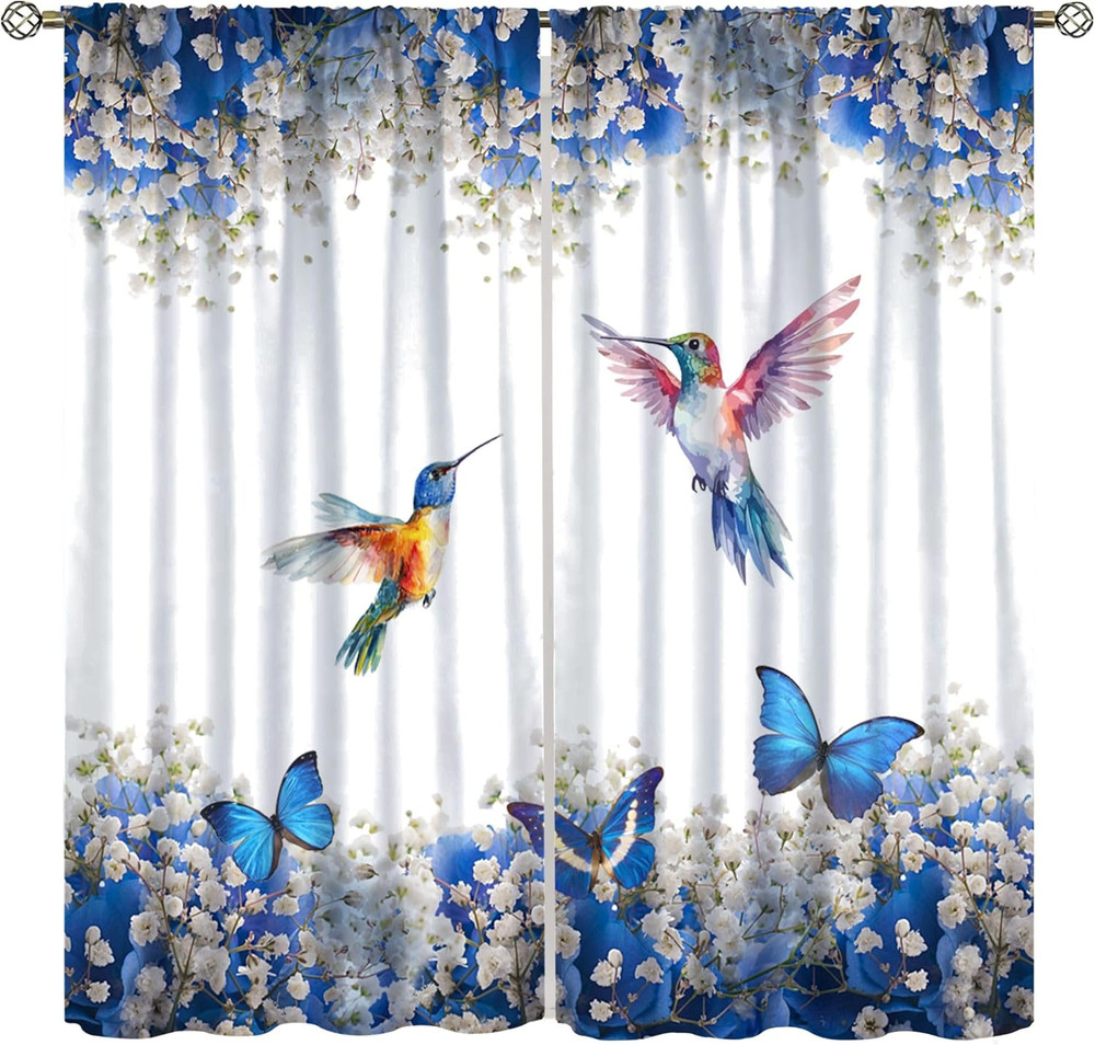 Bird Floral Curtains Blue Butterfly Leaves Wildflower Colorful Hummingbird Illus
