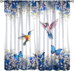 Bird Floral Curtains Blue Butterfly Leaves Wildflower Colorful Hummingbird Illus