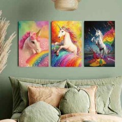 3pcs Rainbow Exploding Unicorns Multicolor Wall Art Canvas Unframed/Framed