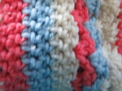 Afghan Lap Throw Handmade Crocheted Deep Pink Blue White Stripes 37″ x 62″