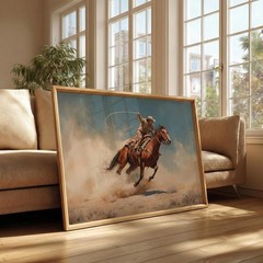 Western Cowboy Horse Oil Painting Print Rustic Farmhouse Wall Art Rodeo Poster