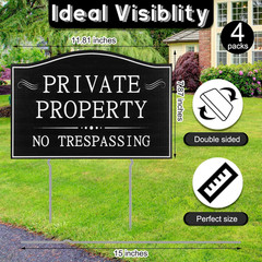 Maitys 4 Pcs Private Property No Trespassing Signs with 15 Metal Stakes 11.8 X 7