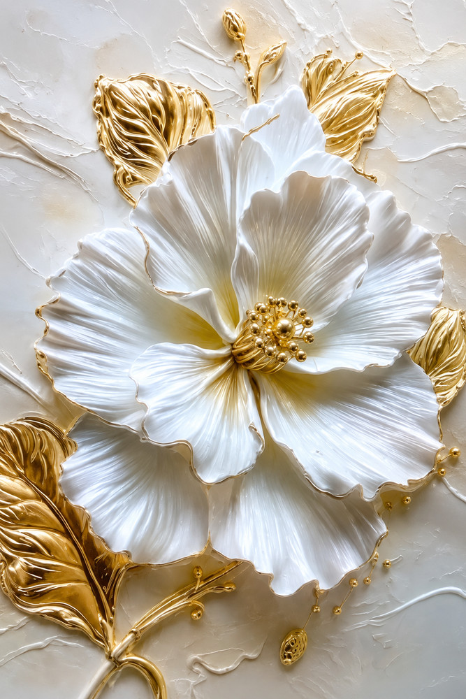 Luxury White Gold Flower Canvas Wall Art Elegant Floral Decor