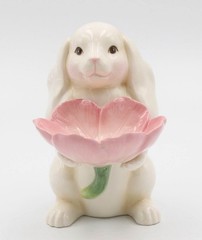 Springtime Bunnies: Easter Bunny Rabbit Holding Pink Flower Candy Dish, Spring D