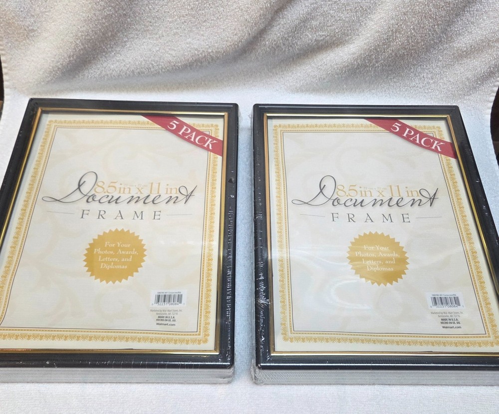 Two 5-Pack 8.5 x 11 in Document Frames, black plastic with gold trim on inside.