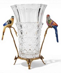 Elegant Crystal Vase. Bronze Base, Branches. Hand Painted Porcelain Birds (13″H)