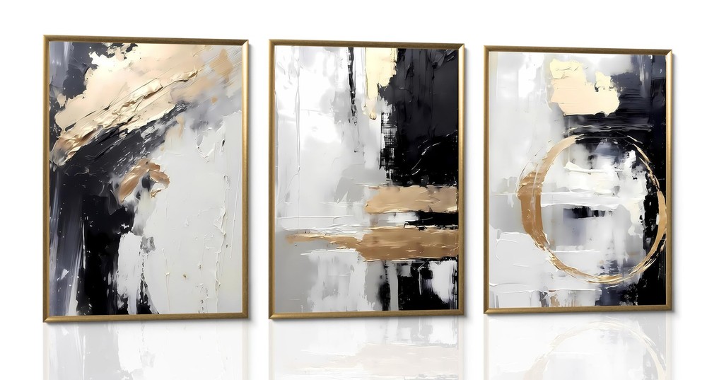 3pcs Black Gold Canvas Wall Art Abstract Geometric Textured Posters Prints Pi…