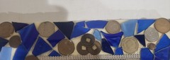 Handcrafted Blue Glass Mosaic Mirror Wood Frame Inlaid With Rare Coins & Emblems