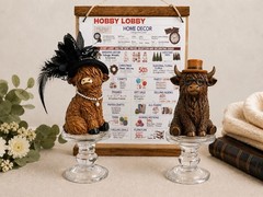 Hobby Lobby Set of 2 Highland Cow Figurines w/ Hats – Brown/Black, Freestanding