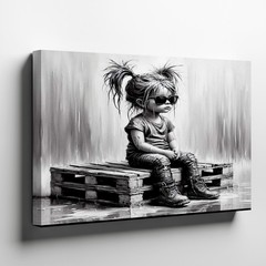 Black and white canvas wall art of girl with sunglasses on pallet wood Art Print