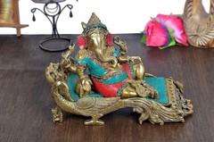Brass Idol Ganesha Statue Relaxing On Peacock Recliner Figurine