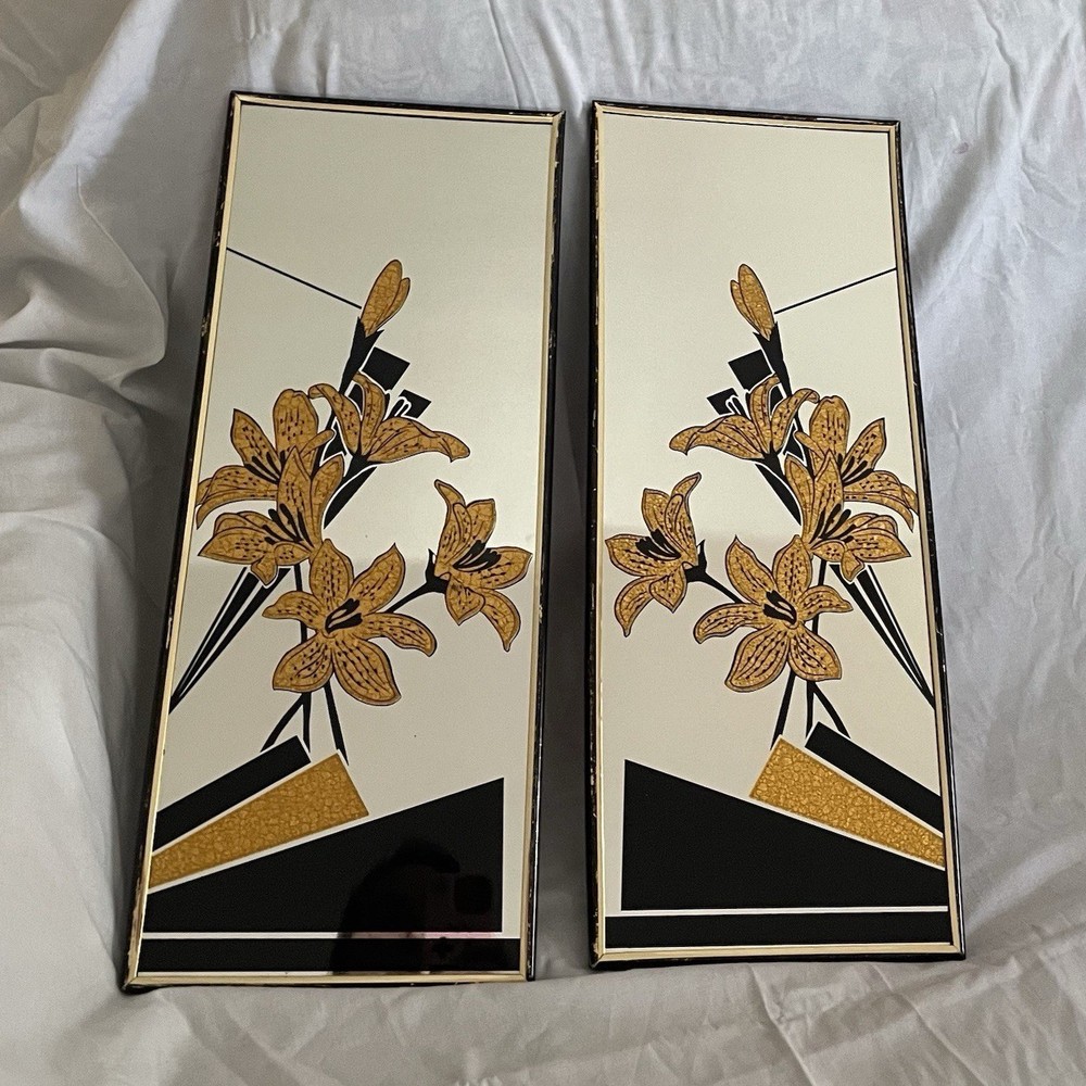 Set of 2 Art Deco Floral Framed Metal Wall Mirrors Gold Black White 20×7″