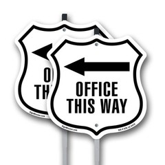 Office This Way Left Shield Shaped Sign With Stake Crafted in the USA