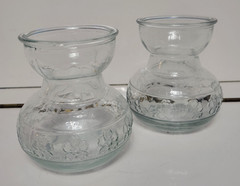 3 CLEAR GLASS ROUND VASES EMBOSSED WITH 4 LEAF CLOVERS 4 INCHES