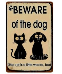Funny Beware of Dog Cat Metal Sign Rustic Wall Decor Gift for Pet Lovers 8×12 In
