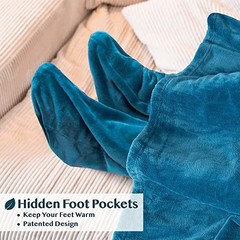 Blanket with Sleeves, Foot Pockets for Women Men Adults, Plush Fleece Sea Blue