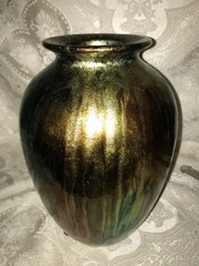 Vintage Metalic Drip Glaze Vase Pier 1 Green Gold Blue Brown Approx. 8″ x 5″