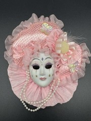 Vintage 1994 Decorative Mask Wall Hanging Pink & White W/ Faux Pearls Small 6”