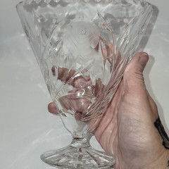 Vintage Etched Crystal Fan Vase Frosted Rose Scalloped Rim Footed