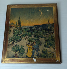 Landscape w/couple walking Crescent moon Van Gogh repro on wood plaque as is