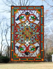 20″W x 33.75″H Jeweled Tiffany Style stained glass window panel glass panel.H373