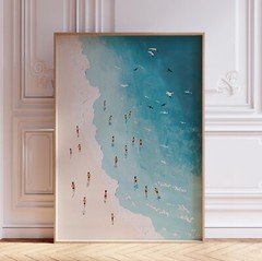 Tiny People Swimming in Ocean Beachy Wall Art Print