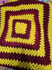 Handmade Crochet Lap/Chair Throw 37″×35″ Burgundy And Yellow