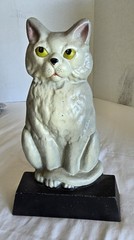 Heavy Cast Iron Seated Cat Doorstop – White Feline Figurine on Black Base 6.2 lb