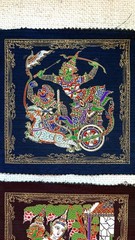 Set of 2 Thai Ramakien Silk Print Fabric Panels 7” Square Mythology Art