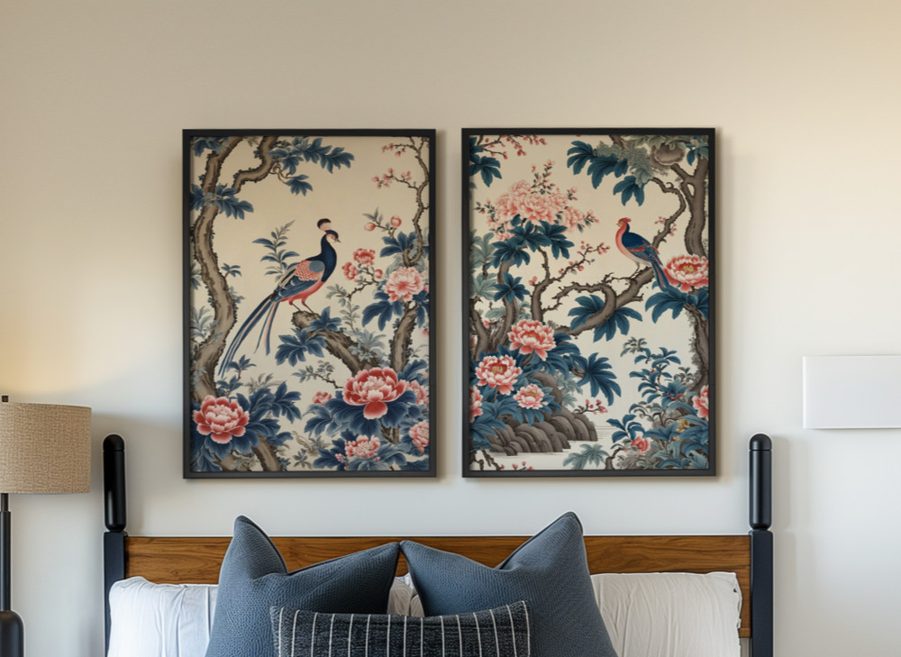 Vintage Asian Bird Print Set, Japanese Art Prints Featuring Peacocks