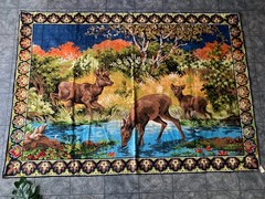 Vtg Large Woodland Deer Velvet Wall Tapestry / Rug Made In Belgium Tag 68″ x 48″