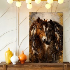 Wall Art Two Horses Canvas Print Rustic Western Animal Portrait Decor Gold Home