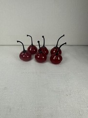Murano Blown Art Glass Red Cherries with black stems Lot Of 6 Approx 2″ Estate