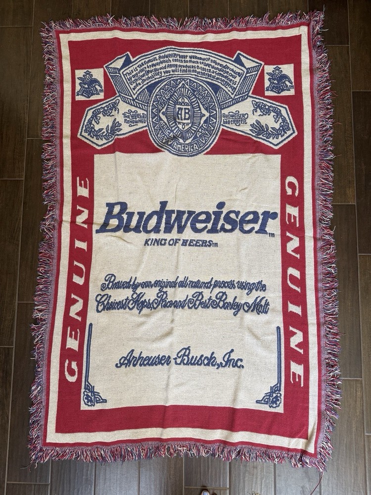 Vintage 1990’s Budweiser Fringed Throw Rug 46×68 Hard To Find