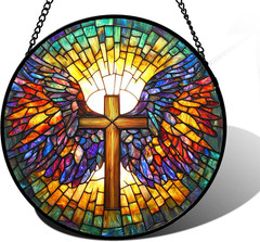 Stained Glass Window Hanging – Jesus Cross Wings Suncatcher Ready to Hang Window