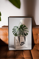 Vintage Nike Sneaker Poster with Monstera Plant, Hypebeast Decor for Sneakerhead
