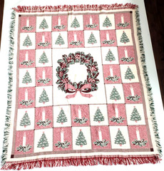 Weaved Tapestry Wreath Blanket~Trees Candles Fringed 100% Cotton~46in x 58 in