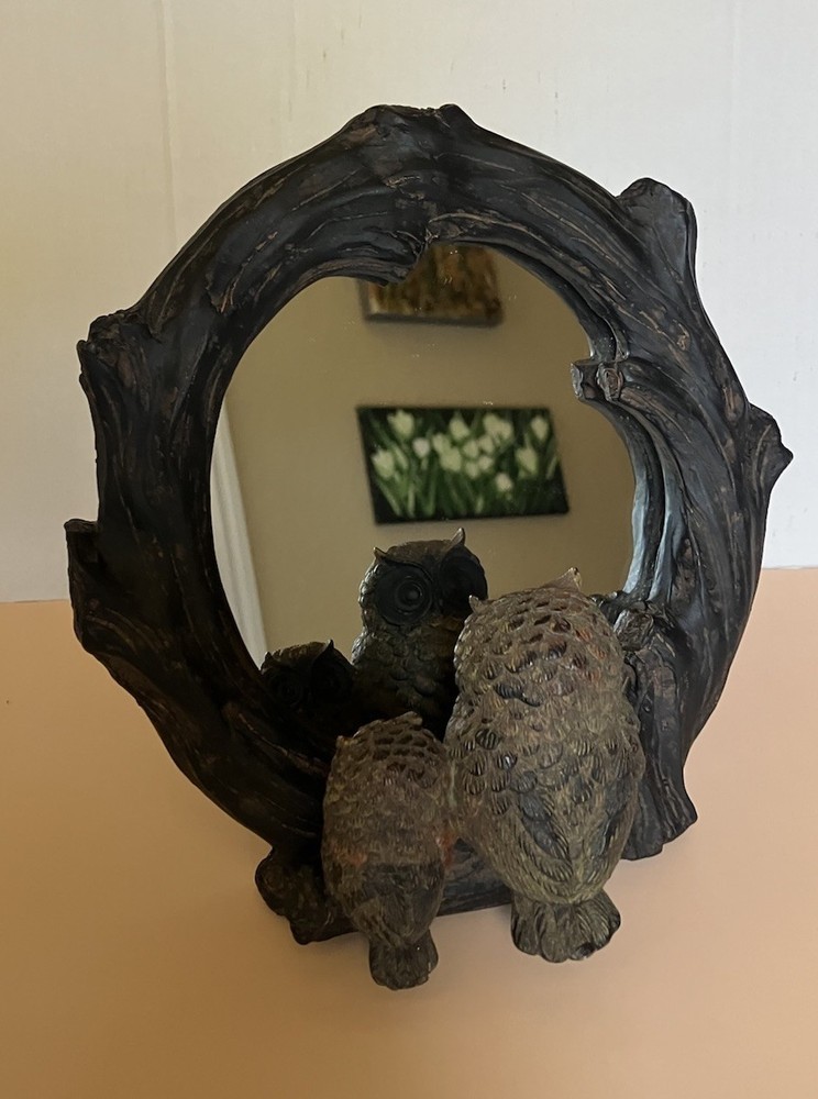 Vintage Resin Owl Family Tabletop Faux Wood Mirror 8 Inches