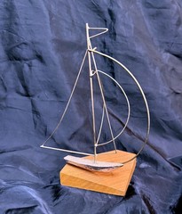 Vintage Wire Art Sailboat 7 Inch Abstract Floating/Hanging Home Decor Wood Base