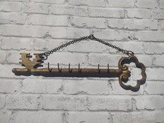 11″ Solid Brass Skeleton Key Shape Holder Rack 6 Hook Hanging on chain