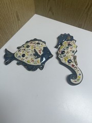 Mosaic Pottery Wall Hangings Set of Two Fish and Seahorse Beach Decor Vintage