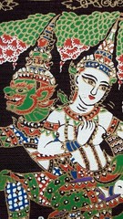 Set of 2 Thai Ramakien Silk Print Fabric Panels 7” Square Mythology Art