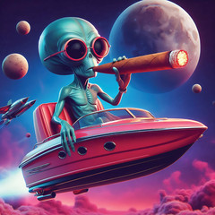Alien Wall Art Printable, Cosmic Spaceship Yacht Decor, Digital Download, 60×60