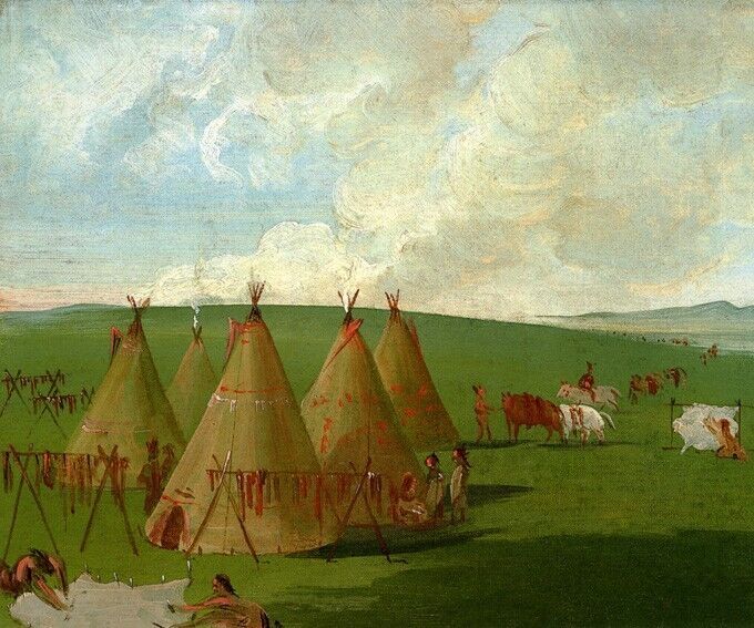 SIOUX INDIAN ENCAMPED UPPER MISSOURI DRESSING BUFFALO 1832 GEORGE CATLIN REPRO