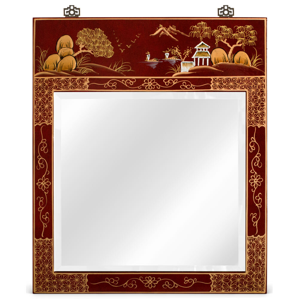 US Seller – Red Lacquer Chinoiserie Scenery Motif Chinese Vertical Mirror