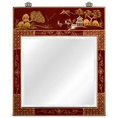 US Seller – Red Lacquer Chinoiserie Scenery Motif Chinese Vertical Mirror